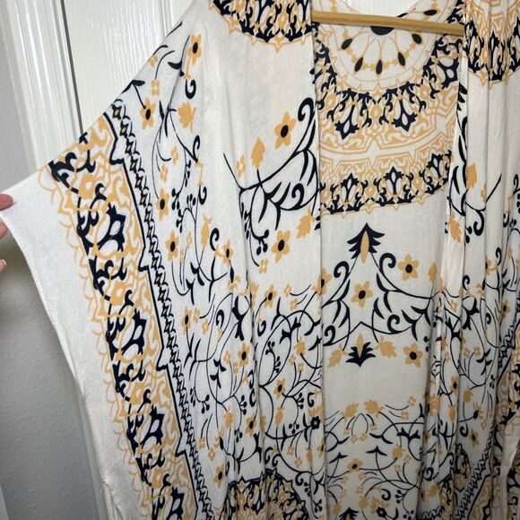 Janice Long Ruana Kimono Duster Cardigan Blue Yellow Boho Floral Hippie One Size - Picture 2 of 5